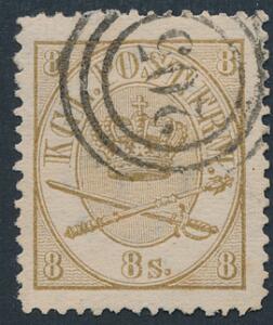 1864. 8 sk. gulbrun. Pænt mærke med nr.stempel 205 FANØ.