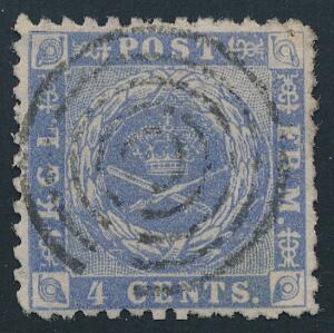 1872. 4 cents, blå. Linietakket 12 12. PRAGT-mærke med velplaceret stumt stempel. AFA 5000