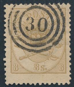 1864. 8 sk. gulbrun. Pænt mærke med retvendt nr.stempel 30 HORSENS.