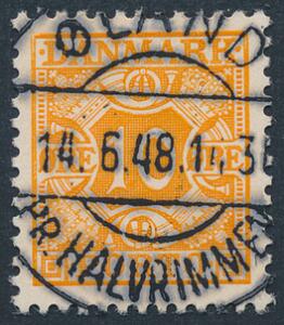 1934. 10 øre, orange. LUX-stempel ØLAND pr. HALVRIMMEN 14.6.48