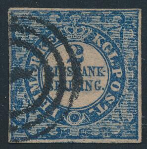 1852. 2 RBS Thiele, blå. Tæt, men fuldrandet mærke med lille tyndhed i syd. AFA 10000