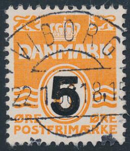 1955. 56 Øre, Provisorium, orange. Variant KNOP PÅ 5-TALLET. LUXUS-stemplet VIBORG 22.1.56. Et meget sjældent mærke i denne kvalitet