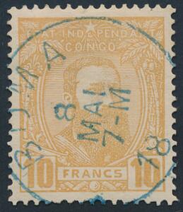 Belgisk Congo. 1887. Leopold. 10 Fr. brunorange. Pænt stemplet BOMA 8 MAI 18XX. Michel EURO 400