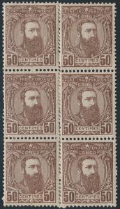 Belgisk Congo. 1887. Leopold. 50 c. brun. Ubrugt 6-BLOK. Michel EURO 420