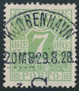1926. Porto. 7 øre, gulgrøn. LUXUS-stempel KJØBENHAVN 29.8.28.