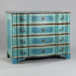 Barok dragkiste af turkismalet og guldstafferet træ, svungen og ligeknækket front med fire skuffer. 18. årh. H. 101. B. 127. D. 60.