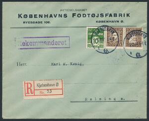 1924. Postjub. 20 øre, brun par og 10 øre grøn. Rekommanderet brev til Helsinge 5.12.24.