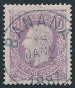 Belgisk Congo. 1886. Leopold. 5 Fr. violet. Tk.15. PRAGT-mærke med retvendt blåt stempel BANANA 25 JANV 1887. Michel EURO 320