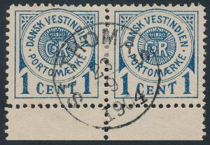 1902. 1 cents, Porto, blå. Smukt parstykke med PRAGT-stempel ST. THOMAS 23.9.1904.