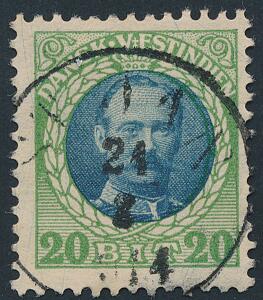1907. Fr.VIII. 20 Bit, grønblå. Retvendt PRAGT-stempel ST. JAN 24.2.1914.
