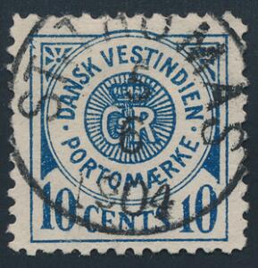 1902. 10 cents, Porto, blå. Annulleret med retvendt stempel ST. THOMAS 5.6.1904. Et sjældent mærke i denne kvalitet