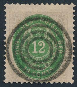 1877. 12 cents, 1.tryk grålillasmaragdgrøn. PRAGT-mærke med knivskarpt og perfekt placeret 4-ringsstempel. AFA 3500