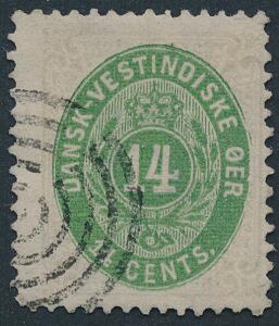 1873. 14 cents, lillagrøn. Pænt mærke, anulleret med stumt stempel. AFA 12000. Attest Wahl BPP