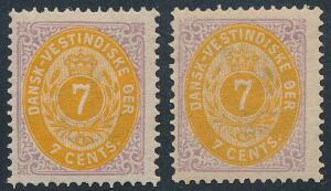 1873. 7 cents, lillagul. RET og OMVENDT ramme. 2 pæne postfriske mærker. AFA 2200