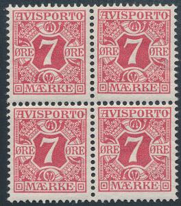 1907. 7 øre, rød. Vm.III. Postfrisk 4-BLOK. AFA 1600