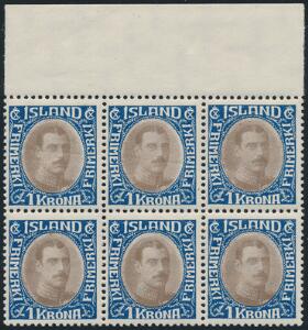 1931. Chr.X. 1 kr. brunblå. Smukt centreret postfrisk 6-BLOK, 3 øvre mærker med medfødt vandret gummifold.. Facit 7200