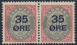 1912. 3520 øre, karmingrå. Parstykke pos. 11 og 12. Pos. 12 med variant dobbeltpræget oval i venstre side grundmærket afa 28t.