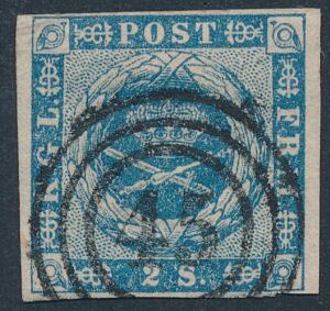 1854. 2 sk. blå. med retvendt nr.stempel 45NIBE. Flot og sjældent nr.stempel på denne udgave
