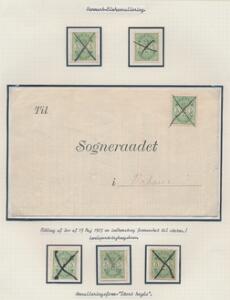 1895-1902. 5 øre, grøn. Albumside med diverse blækannulleringer