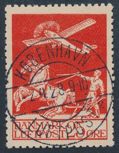 1925. Gl. luftpost, 25 øre, rød. LUX-stempel KØBENHAVN 2.4.28