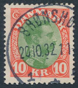 1927. Chr. X, 10 kr. rødgrøn. Pragtmærke med retvendt BRØNSHØJ 20.10.32