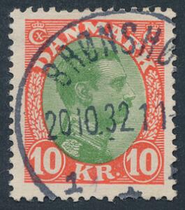 1927. Chr. X, 10 kr. rødgrøn. Pragtmærke med retvendt BRØNSHØJ 20.10.32