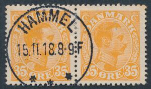 1913. Chr. X, 35 øre, orange. Parstykke hvor venstre mærke er med LUX-stempel Hammel 15.11.18 bør deles 