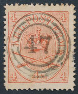 1864. 4 sk. rød. LUX-eksemplar med perfekt nr.stempel 47 NYKØBING F