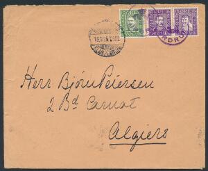 1924. Postjubilæum, 10 øre, grøn og parstykke 15 øre, violet på brev til ALGERIET annulleret med violet posthornstempel ORDRUP