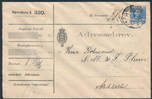 1907. Fr. VIII, 20 øre ultramarin. Single på adressebrev med interessant påtegning Frimærket aftaget V. Jørgensen