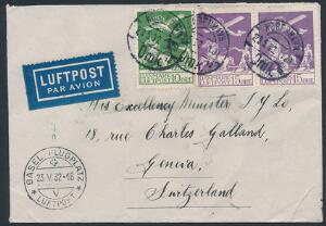1925. Gl. luftpost, 10 øre, grøn samt par 15 øre, violet. Luftpost-brev til SCHWEIZ, annulleret KØBENHAVN 23.5.32.