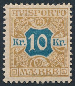 1907. 10 kr. gulbrunblå. Pænt ubrugt mærke. AFA 1600