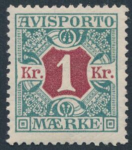 1914. 1 kr. blågrønrødbrun, tk.14. Smukt postfriskt mærke. AFA 4600