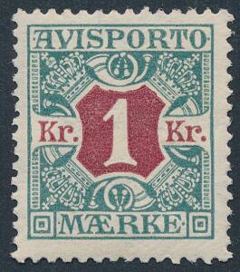 1914. 1 kr. blågrønrødbrun, tk.14. Smukt postfriskt mærke. AFA 4600