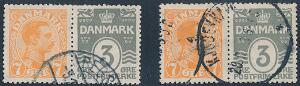 1919. Chr.X og Bølgelinie, 73 øre, orange og grå. 2 vandrette parstykker med varianter. Sjældne. AFA 3300