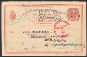 1940. Svar-brevkort, 10 øre, rød. Sendt fra Tyskland til Danmark 26.11.1940. Meget sen anvendelse