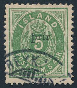1897. Prír, 5 aur, grøn lille prír. Tk.12. Nydeligt stemplet eksemplar. AFA 3800. Attest Nielsen