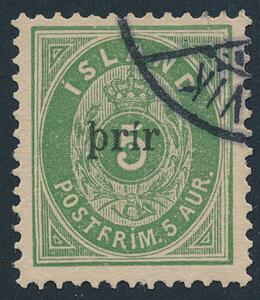 1897. Prír, 5 aur, grøn stort prír. Th. 12. Nydeligt stemplet mærke. AFA 6000. Udtalelse Møller BPP
