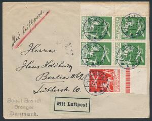 1925. Gl. luftpost, 10 øre, grøn fireblok og 25 øre, rød på brev fra Broager 20.9.25 til Berlin