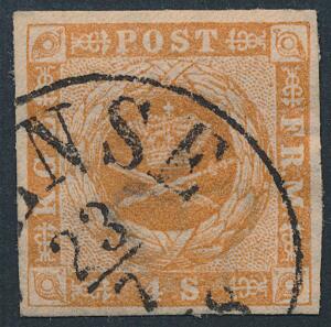 1854. 4 sk. Brun. Pænt mærke med BYSTEMPEL ODENSE