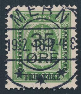 1912. 3532 øre, grøn. Med retvendt stempel MERN 19.2.13. Attest Nielsen LUXUSEKSEMPLAR.