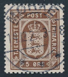 1921. 5 øre, brun. PRAGT-mærke med retvendt stempel MØRKE 14.12.23. Et sjældent korrekt anvendt mærke.