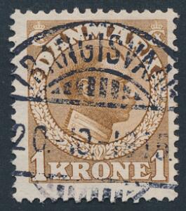 1913. 1 Kr. Chr.X, gulbrun. PRAGT-stempel TRANGISVAAG.