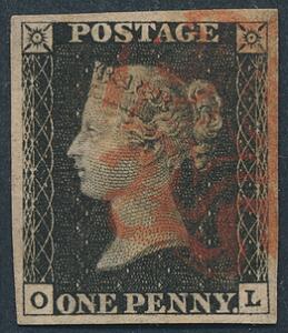 England. 1840. One penny, black. O-L. Flot, bredrandet mærke.