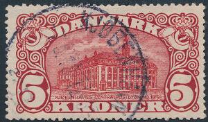 1915. 5 kr. Posthus, brunrød. Vm.IV. Pos.13, Variant PLET I K. Pænt stemplet eksemplar. AFA 2800