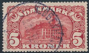 1915. 5 kr. Posthus, brunrød. Vm.IV. Pos.13, Variant PLET I K. Pænt stemplet eksemplar. AFA 2800