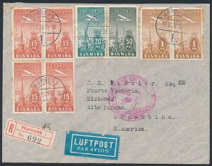 1934. Ny Luftpost. 3,30 kroners frankering på ZEPPELIN-brev til ARGENTINA, annulleret HORSENS 14.8.39. Let rust. God og dekorativ forsendelse.