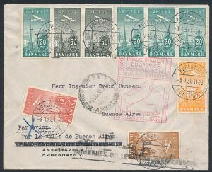 1934. Ny Luftpost. 3,05 kroners frankering på LUFTPOST-brev til ARGENTINA, annulleret KØBENHAVN LUFTPOST 3.1.36. God og dekorativ forsendelse.