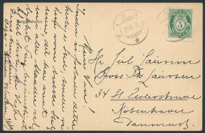1915. Posthorn. 5 øre, grøn. FRA HÆFTE, UTAKKET PÅ 2 SIDER, brugt på postkort til Danmark. Stemplet i FINSE 21.VI.15.