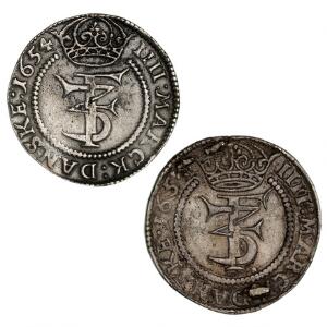 Frederik III, 4 mark  krone 1654,H 95A, Aagaard 46, monteringsspor på advers samt tilsvarende kopi i sterlingsølv af et eksemplar fra Køge-skatten